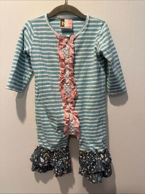 Aqua Stripe Ruffle One-Piece Bodysuit with Pink Ruffles